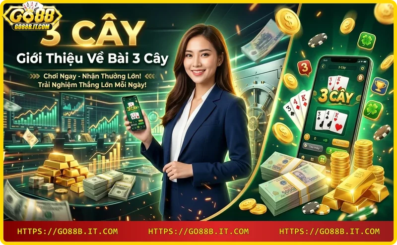 Bàn tay cầm ba lá bài 3 cây lấp lánh ánh neon và tiền xu