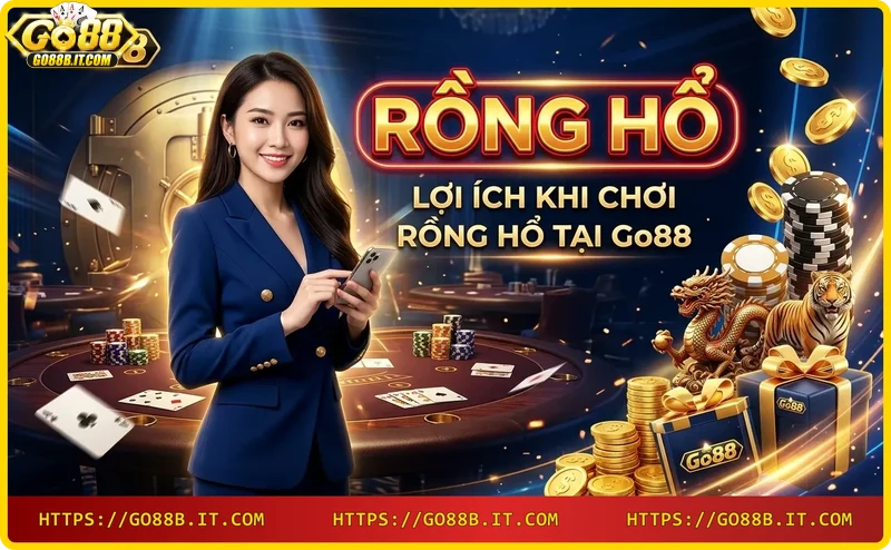 Bàn tay cầm bài thắng lợi với đống chip vàng và hiệu ứng neon, biểu tượng rồng hổ mờ phía sau.
