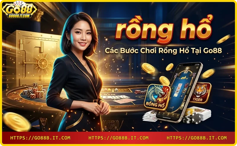 Các bước chơi rồng hổ: đăng nhập, chọn game, đặt cược, hiển thị dưới dạng biểu tượng neon.