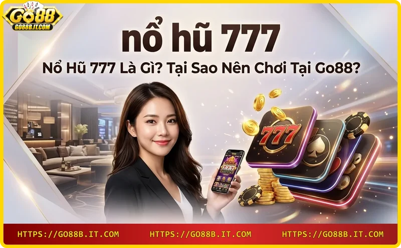 Máy slot nổ hũ 777 với biểu tượng 777 và jackpot vàng.