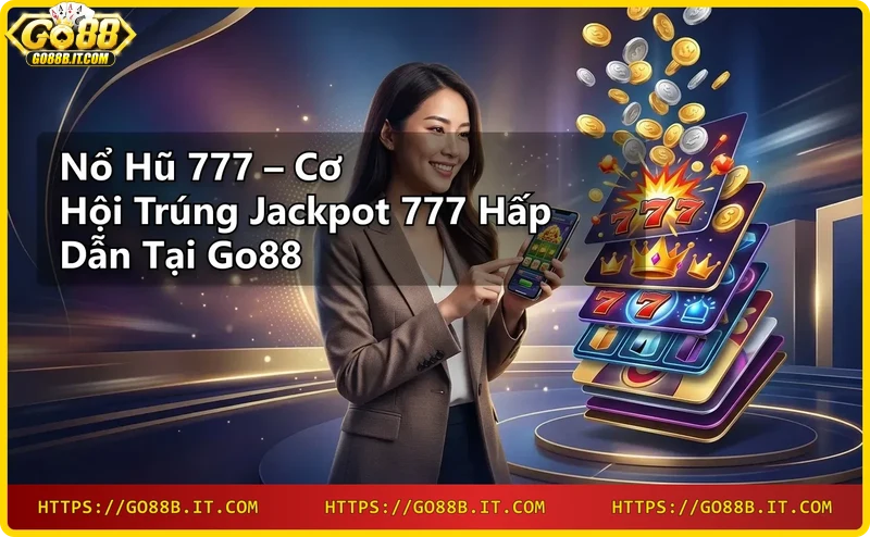 Máy slot nổ hũ 777 với biểu tượng 777 và jackpot vàng.